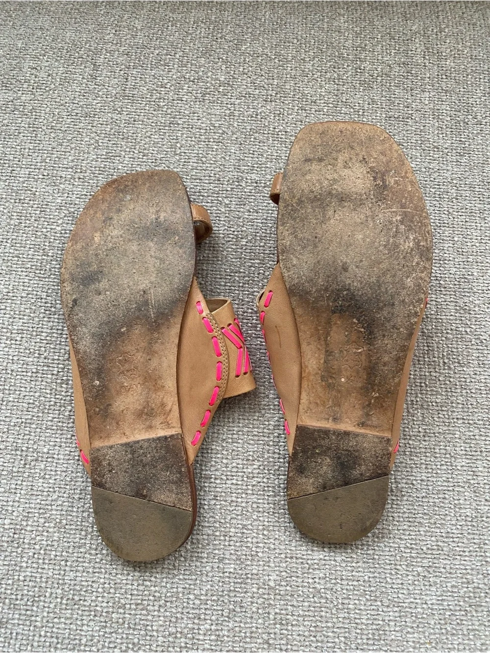 Tory Burch Tan Leather Slide Sandal with Pink Stitching